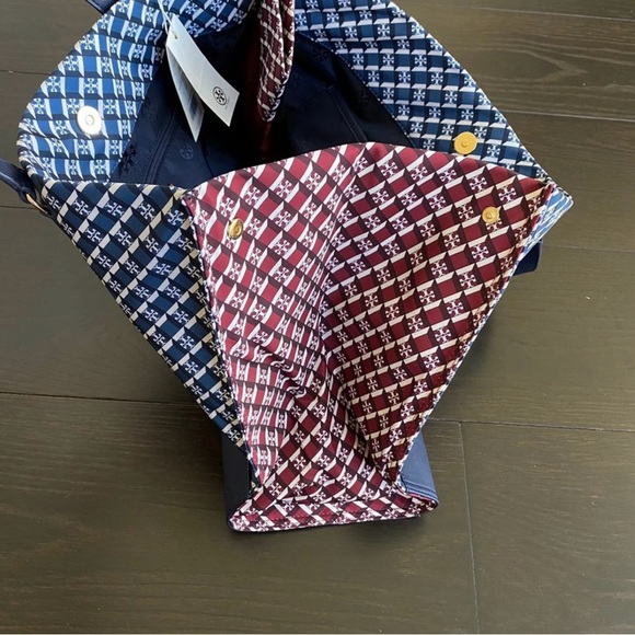 Tory Burch Ella Nylon Mixed Print Tote Navy Crimson Red Geo Logo - Picture 6 of 8